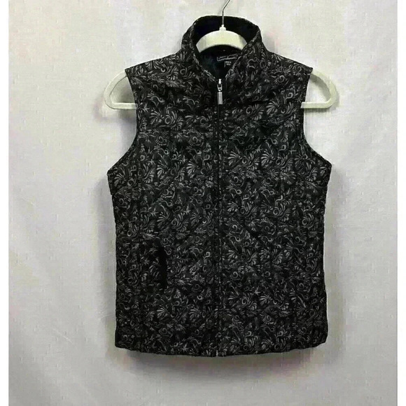 Jane Ashley Womens Small Quilted Vest Black & Taupe Paisley Lightweight Pockets - Picture 2 of 10
